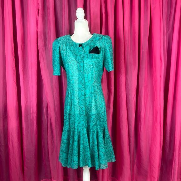 Vintage 80s Unbranded drop waist secretary day dress, size 10 petite - Picture 1 of 9
